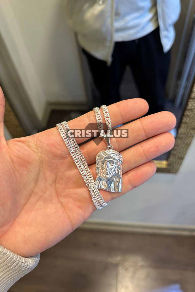 Collar doble groumet + Colgante Cara de Jesús | Conjuntos de plata